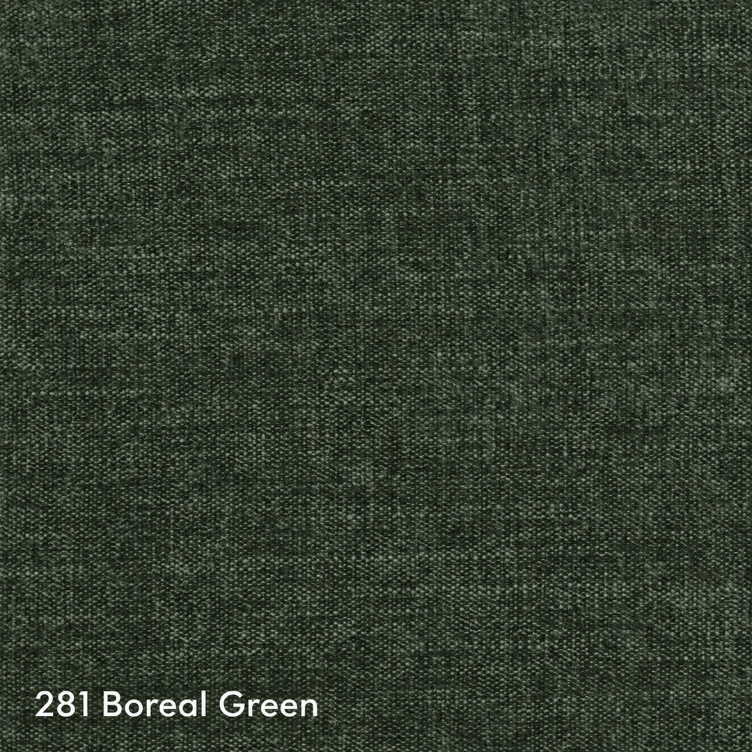 A close-up fabric swatch in dark boreal green with a fine woven texture, labeled '281 Boreal Green' in white text at the bottom left.