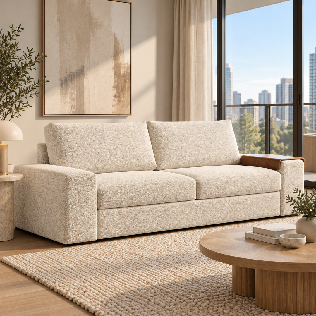 Vilander Sofa Bed with Wide Arms in 357 Off White Boucle textured upholstery, featuring walnut wood armrest accents and a modern design