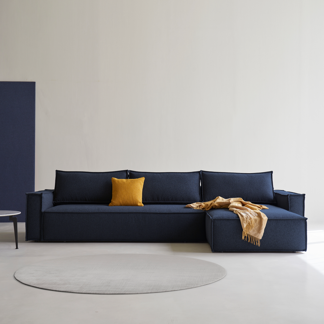 Navy blue queen size storage sofa bed with chaise