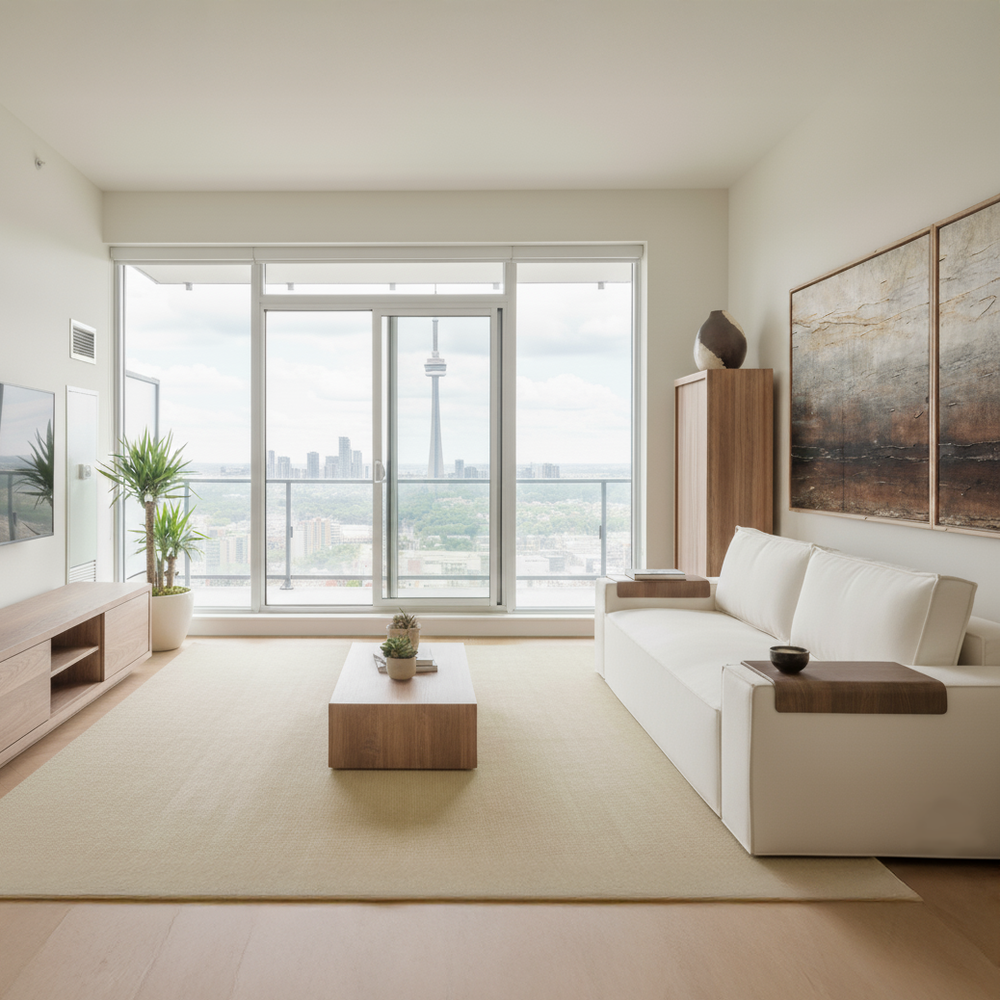 Modern condo living room with a large window view, Play cream sofa bed, and wooden coffee table.