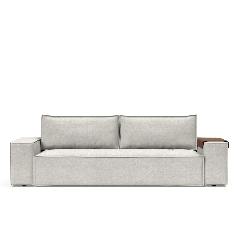 Play sofa bed with wide arms and one wooden arm tray