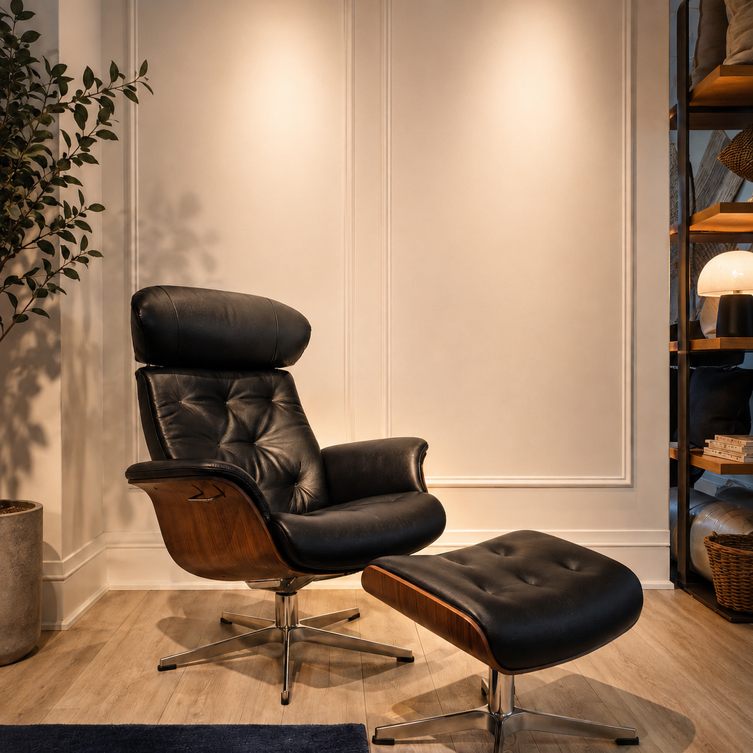 TimeOut black leather lounge recliner with a matching ottoman offered by Thesofabedstore.com is placed in a styled interior room with wood flooring, a potted plant, and shelving in the background.
