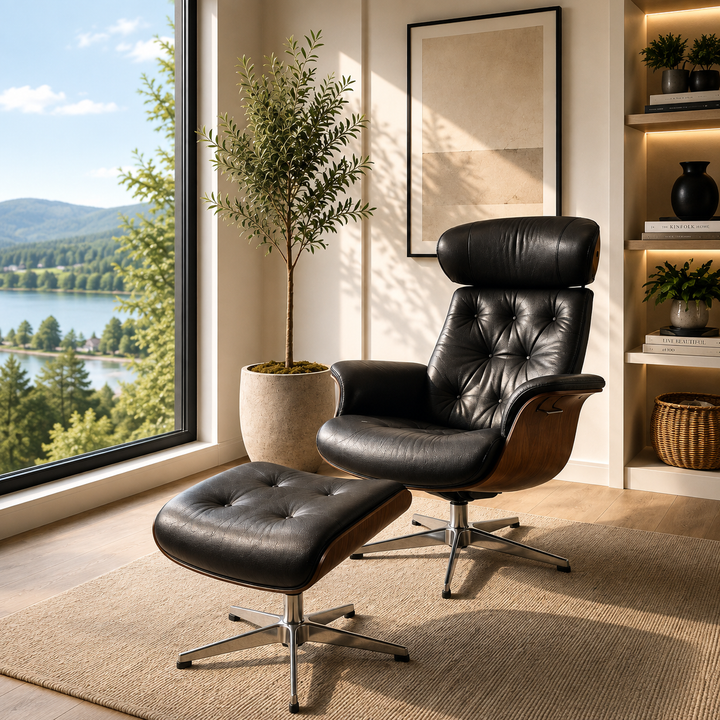 Black leather swivel recliner and matching ottoman in a bedroom setting of a cottage overlooking a lake and hills.