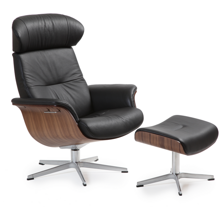 Black leather TimeOut armchair with wooden accents and ottoman on a white background