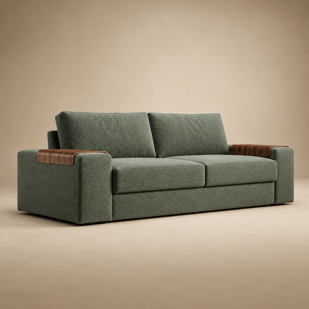Vilander Sofa Bed with Wide Arms in 281 Boreal Green textured upholstery, featuring walnut wood armrest accents and a modern design, shown against a warm beige studio background.