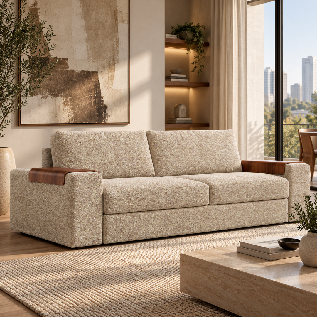 Vilander Sofa Bed with Wide Arms in 366 Khaki textured upholstery, featuring walnut wood armrest accents and a modern design